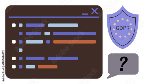 User interface window with coding lines, GDPR shield emblem, and speech bubble with question mark. Ideal for cybersecurity, programming, data privacy, compliance, EU regulations, ethics simple flat