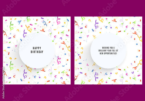 Editable Happy Birthday Greeting Card Templates with Colorful Confetti Background for Social Media Post.