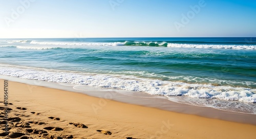 Fototapeta Naklejka Na Ścianę i Meble -  Tranquil Beach Getaway: Relaxing Waves Crashing on Shore for Travel and Lifestyle Marketing Campaigns