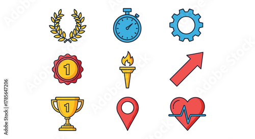 Icons for achievement progress and performance vector graphic