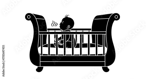 Baby inside crib, exhaling steam, representing warmth and comfort
