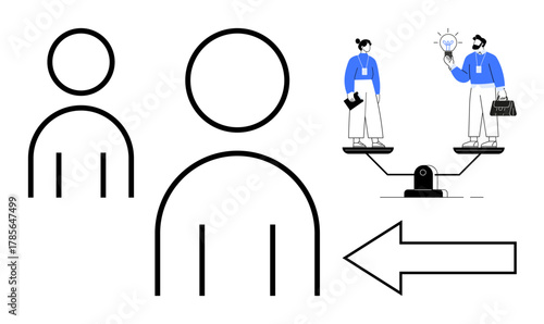 Two figures, scales balancing individuals discussing ideas, arrow suggesting direction. Ideal for teamwork, decision-making, fairness, equality, creativity, business innovation leadership roles