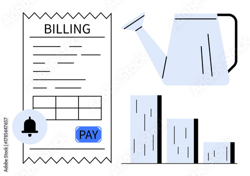 Receipt with pay button, notification bell, bar chart symbolizing growth, and watering can. Ideal for finance, business growth, reminders, goal management, productivity investments simple flat
