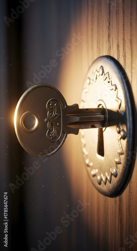 A close-up view of a silver key inserted into a circular lock on a wooden door, illuminated by warm lighting to highlight the metallic surface and texture