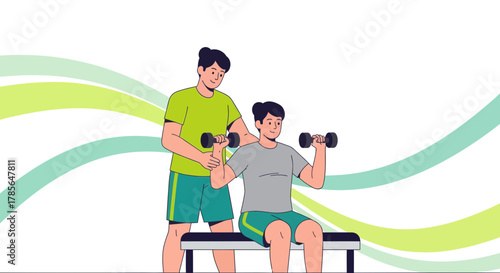 Fitness Coach Guiding Young Man Through Dumbbell Exercises For Effective Workout Session