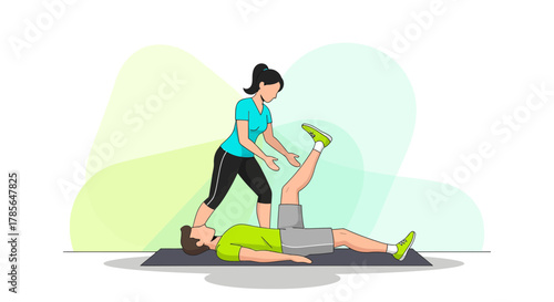 Fitness Trainer Assisting Patient With Leg Exercise On Workout Mat For Recovery And Wellbeing