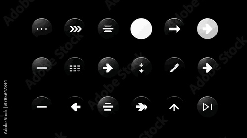 Modern Digital UI Icons Collection: Glossy Black Round Buttons with White Symbols for User Interface and Media Controls
