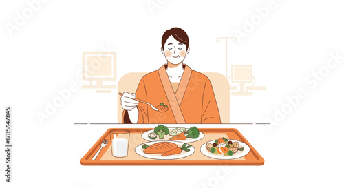 Healthy Food Enjoyment Depicted With Patient Consuming Nutritious Meal In Hospital Setting