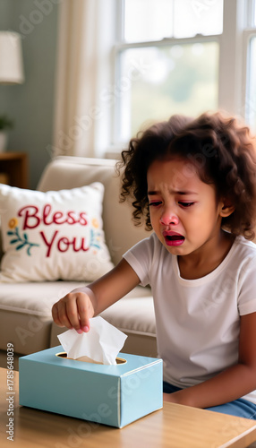 Crying child coughing with tissue box at home