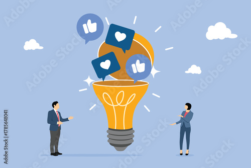 Social media communication. Open lightbulb to see Social media positive and negative feedback vision. Flat vector illustration.