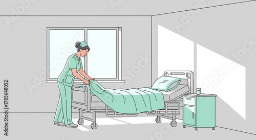 Hospital Nurse Preparing Patient Bed in Room with Warm Sunlight Illustration