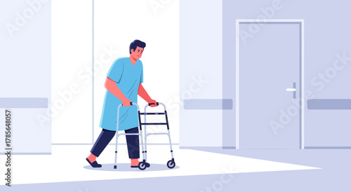 Hospital Patient Slowly Walking With A Walker During The Recovery Process