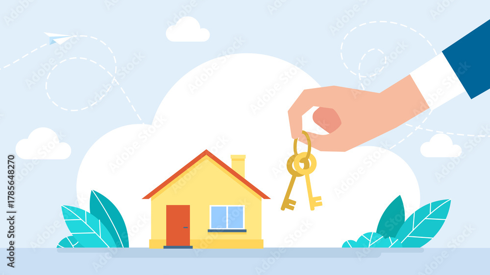 Fototapeta premium Realtor selling property concept. Buy house or apartment. Mortgage, debt and rent. Hand holds keys. Real estate theme, buying, selling, protection, security, property insurance. Flat illustration