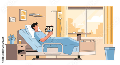 Hospitalized Patient Engaging in a Video Call with Family Amidst Recovery Process