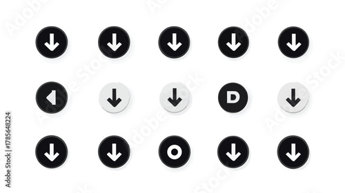 Collection of black and white user interface icons featuring various directional arrows and letters on round buttons, isolated on a clean background.