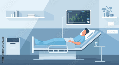 Hospitalized Patient In Bed With Monitors Illustrating Vital Signs And Well Being