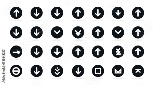 Collection of black circular arrow and navigation icons for user interface design, web development, and graphic elements