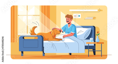 Hospitalized Patient Receives Comfort And Joy From Therapy Dog In Illustrated Scene