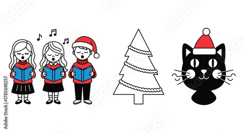 Christmas caroling choir with tree and cat clip art illustration