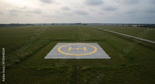 Aerial view of a concrete helipad marked with a yellow 'H' surrounded by grass and fields