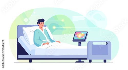 Hospitalized Patient Watches Entertainment on Tablet Computer In A Modern Ward