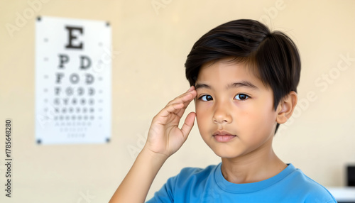 Young boy taking eye exam while looking at chart in doctor's office  