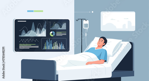 Hospitalized Patient With Health Monitoring System Displaying Vital Signs Analysis