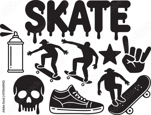 Skateboarding Culture Silhouette Collection with Graffiti, Skull and Skaters on Grid Paper