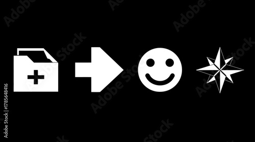 Digital workflow for success and direction. Abstract concept showing creation, process, positive result, and guidance with icons.