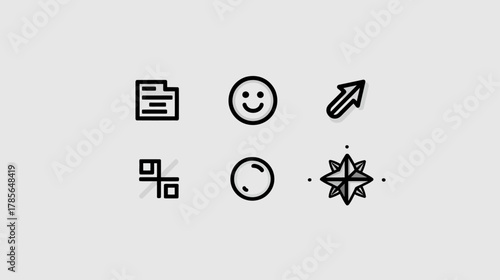 Collection of essential minimalist line icons for user interface design: document, smiley, arrow, crop, circle, compass.