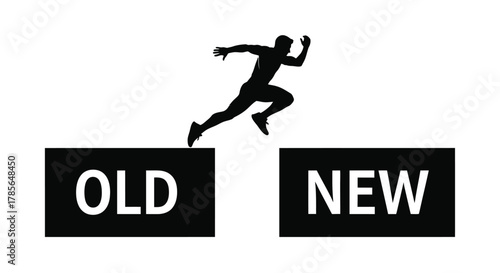 Runner leaps from OLD to NEW, symbolizing progress and innovation