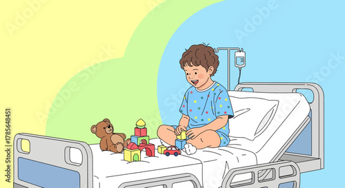 Joyful Child Patient Enjoying Playtime In Hospital Room While Undergoing Treatment