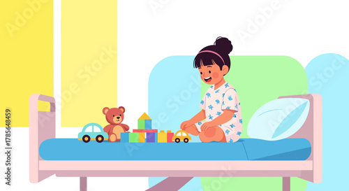 Joyful Girl Plays With Toys In Hospital Bed Creating A Colorful World During Recovery