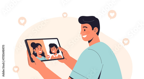 Joyful Man Engaging in a Video Call with Two Smiling Women on Tablet Device