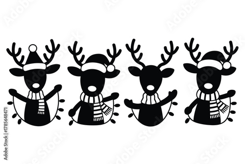 A festive parade of four silhouetted reindeer wearing Santa hats and scarves is illuminated by string lights.