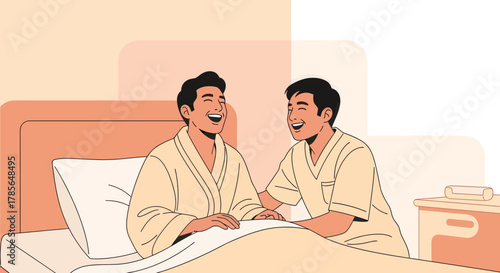 Joyful Moments: Two Friends Sharing Laughter and Camaraderie Inside a Bedroom Setting