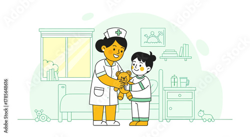 Kind Healthcare Professional Comforting a Patient Child with a Stuffed Toy in Hospital