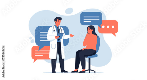 Medical Consultation Demonstrating Doctor-Patient Interaction with Speech Bubbles and Emotional