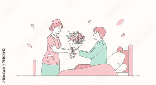 Kind Nurse Gifts Beautiful Bouquet To Patient In Hospital Bed For Get Well Soon