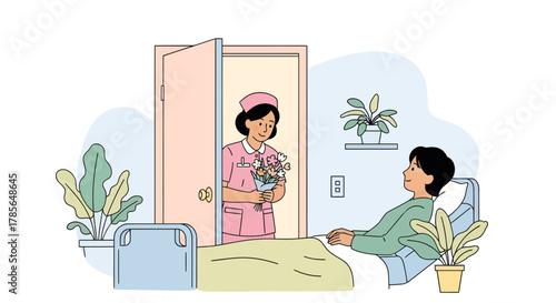 Kind Nurse Bringing Flowers To Patient In Hospital Room Depicting Comfort And Care