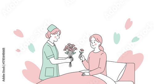 Kind Nurse Giving Flowers to Patient in Hospital Room, Sharing Comforting Floral Beauty