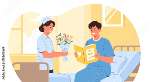 Kind Nurse Gives Flowers And Get Well Soon Card To Patient In Hospital Bed Scene