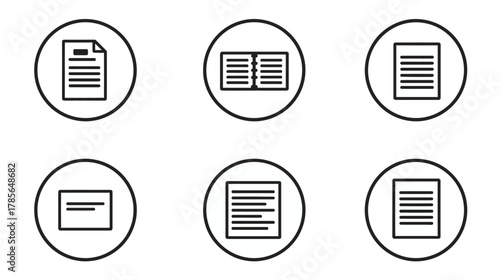 Outline document icons set. Minimalist symbols for files, reports, pages, and text. Business communication and digital media concepts.