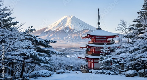 Winter view of Mount Fuji behind temple, snow on roof and pine trees, crisp clear air, travel photography realism