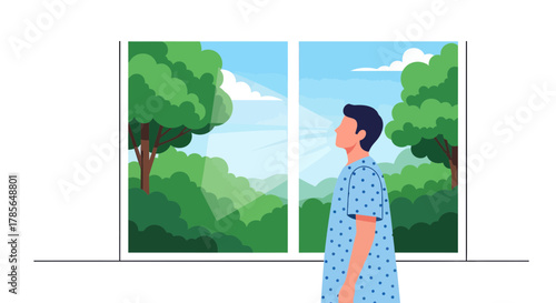 Man Contemplating Nature Through a Window Amidst the Greenery and Bright Sunlight