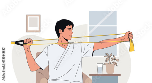 Man Training With Resistance Band Indoors, Maintaining Fitness, Health, And Wellness