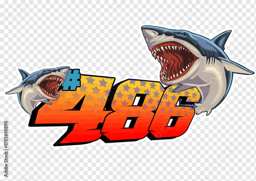 A dynamic and bold logo illustration featuring a fierce shark alongside the number 486. The design is suitable for sports teams, gaming, or branding purposes, with a strong visual impact.