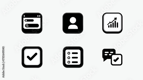 Modern black and white UI/UX app and web design icons set for user interface, business, and communication.
