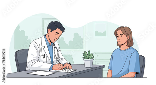Medical Consultation Illustration: Doctor Writing Notes While A Patient Patiently Observes