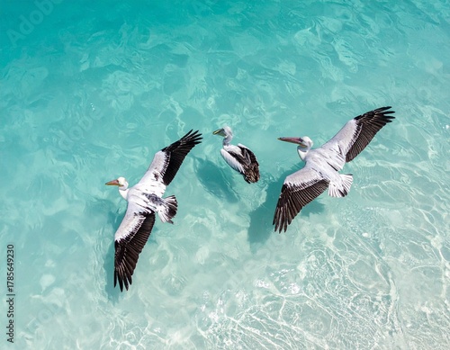 Aerial view of pelicans flying over the ocean surface with clouds and shadows